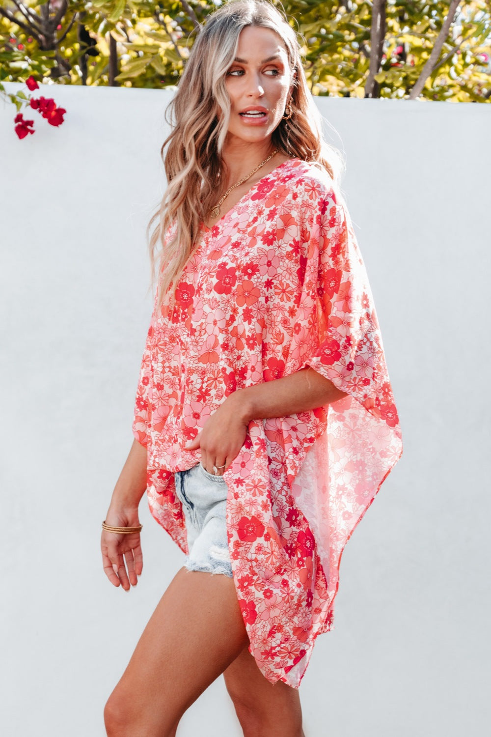 Floral V-Neck Three-Quarter Sleeve Blouse nicholesgifts