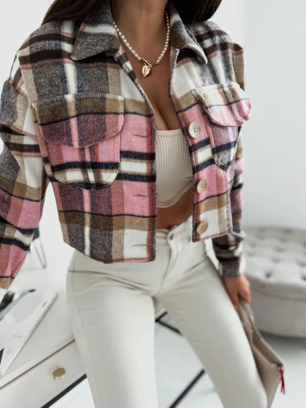 Pocketed Collared Neck Long Sleeve Plaid Jacket Trendsi