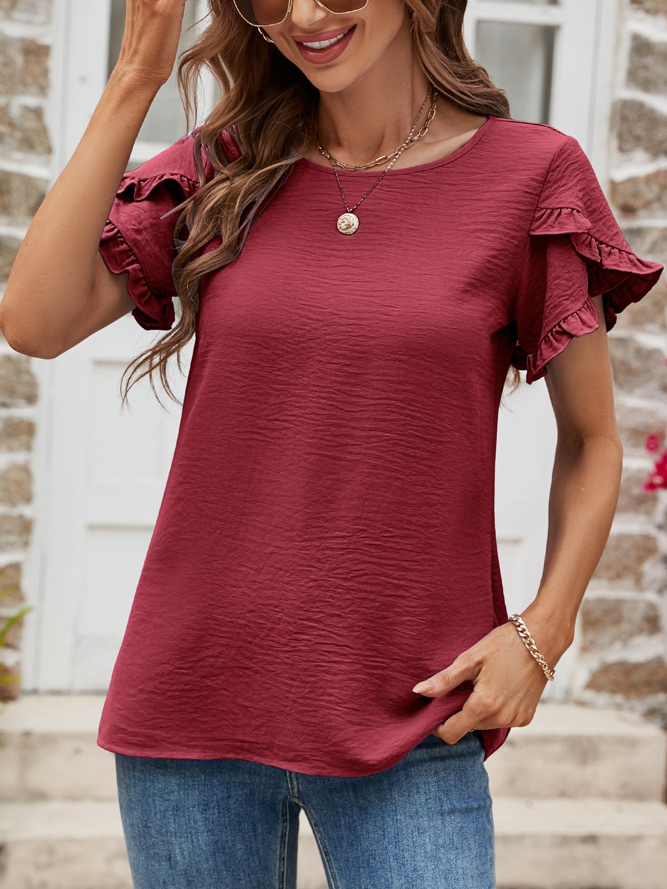 Textured Petal Sleeve Round Neck Tee nicholesgifts