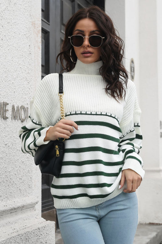 Striped Turtleneck Drop Shoulder Sweater Trendsi