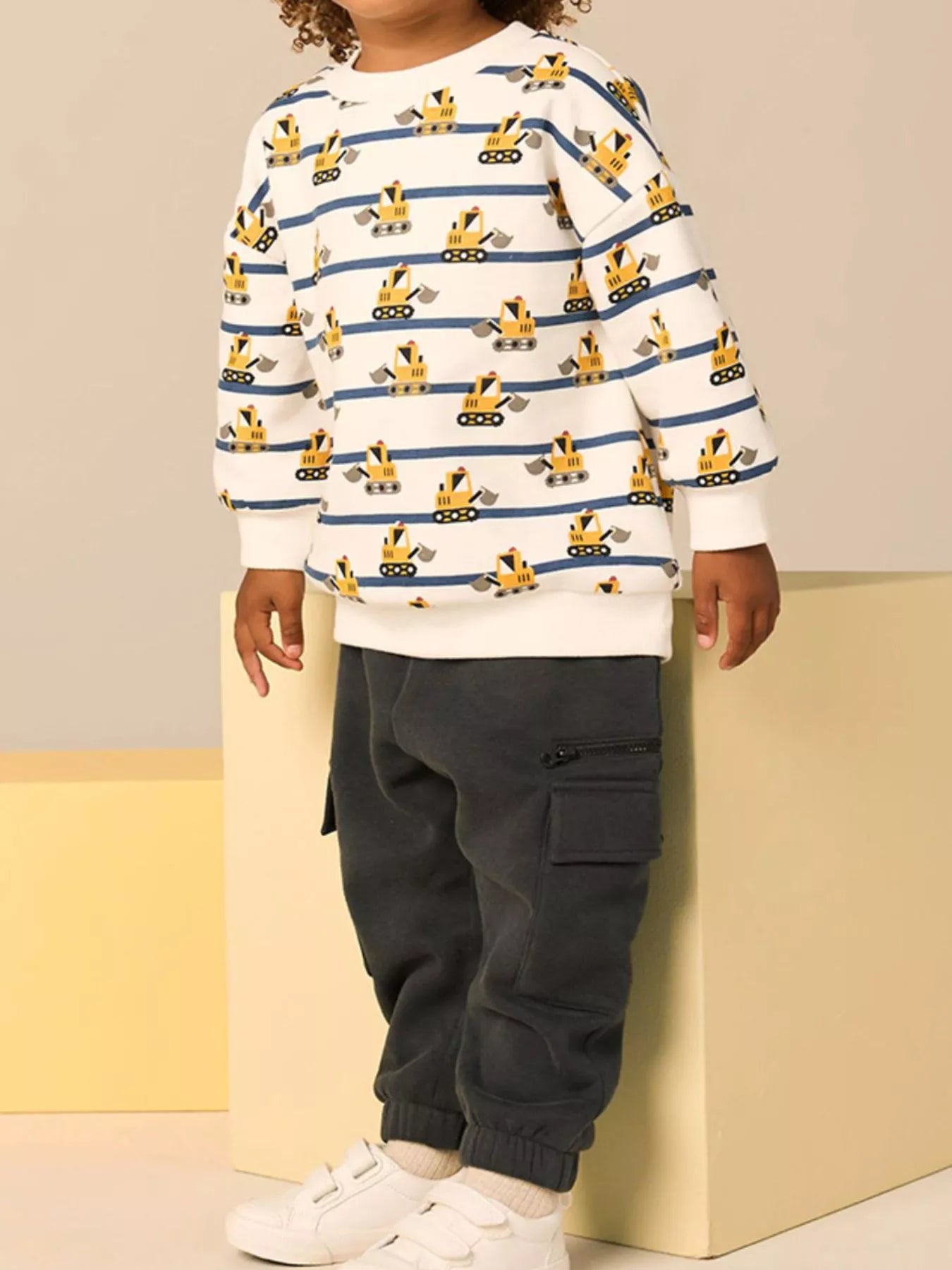 Children's Excavator Print Striped Crew Neck Sweatshirt Trendsi