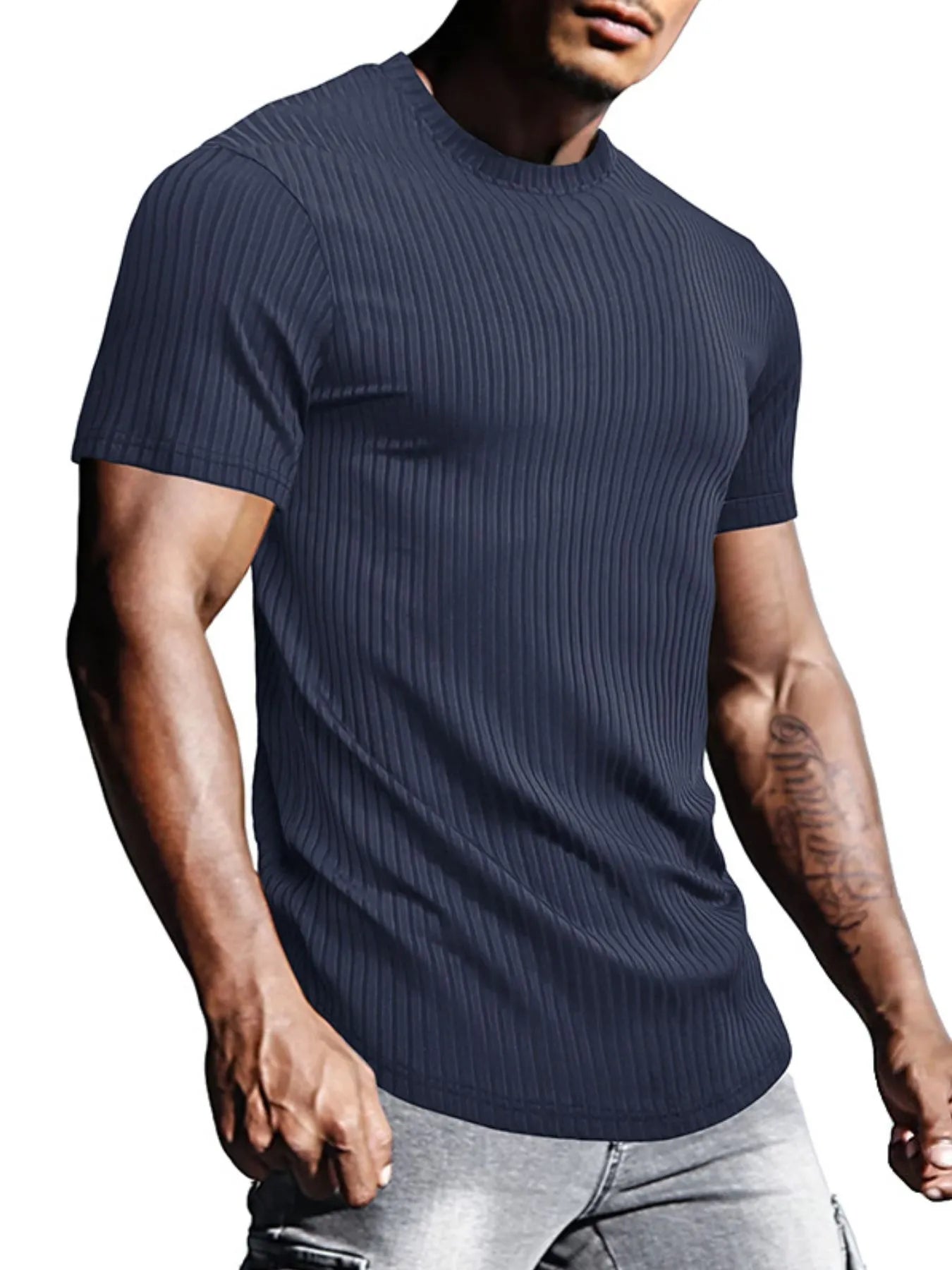 Men's Full Size Ribbed Knit Short Sleeve Round Neck T-Shirt Plus Size NicholesGifts