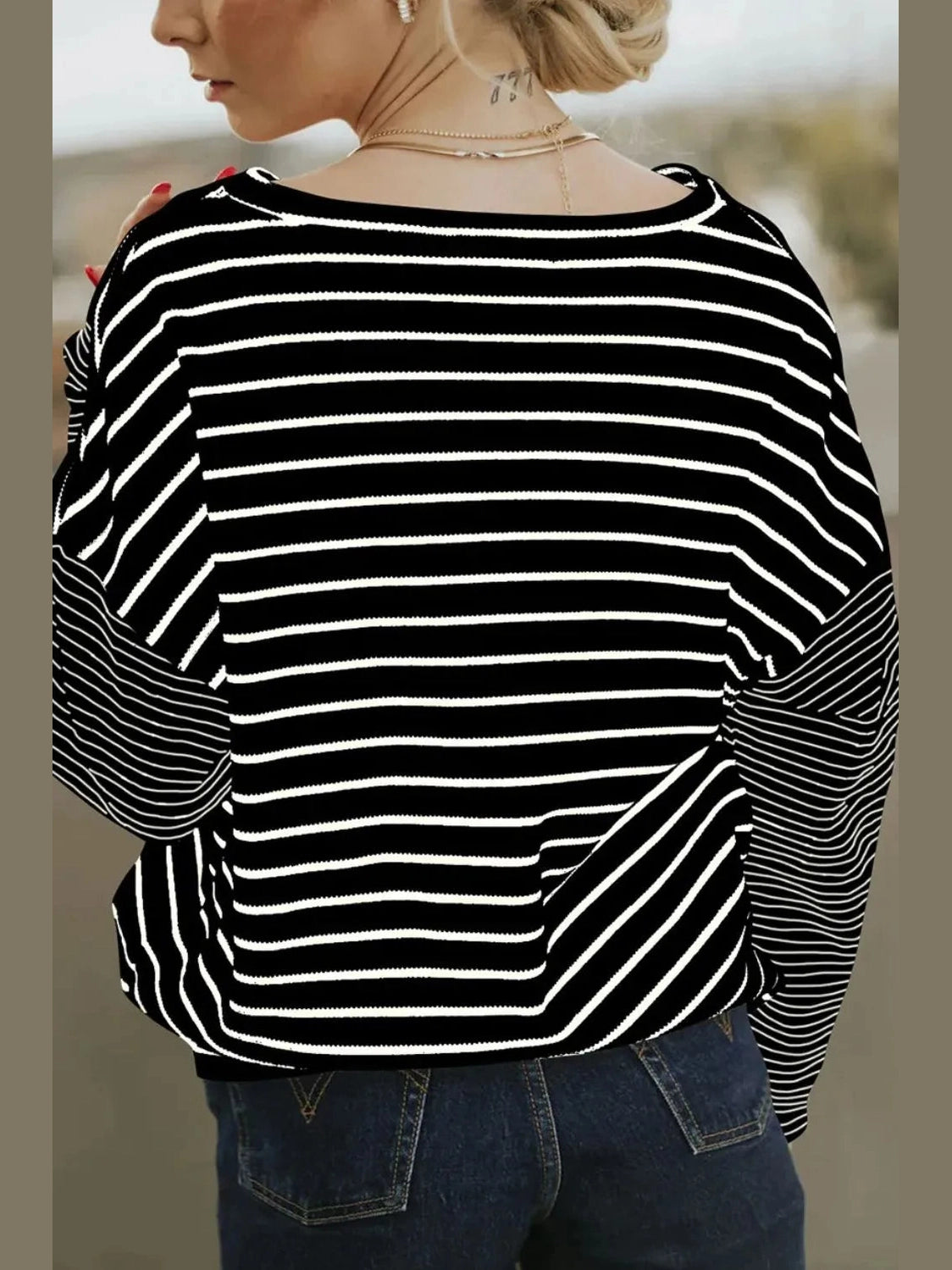 Striped Round Neck Dropped Shoulder Top