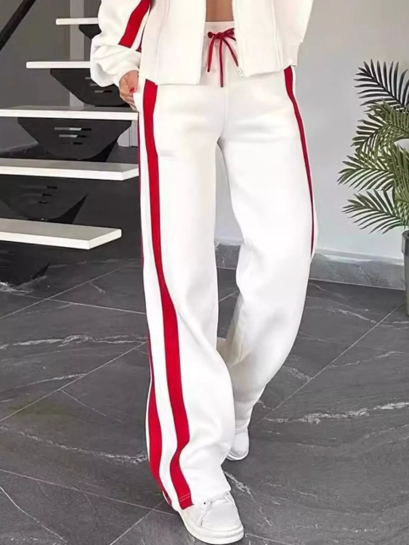 Full Size Contrast Stripe Zip Up Jacket and Pants Set Plus Size nicholesgifts