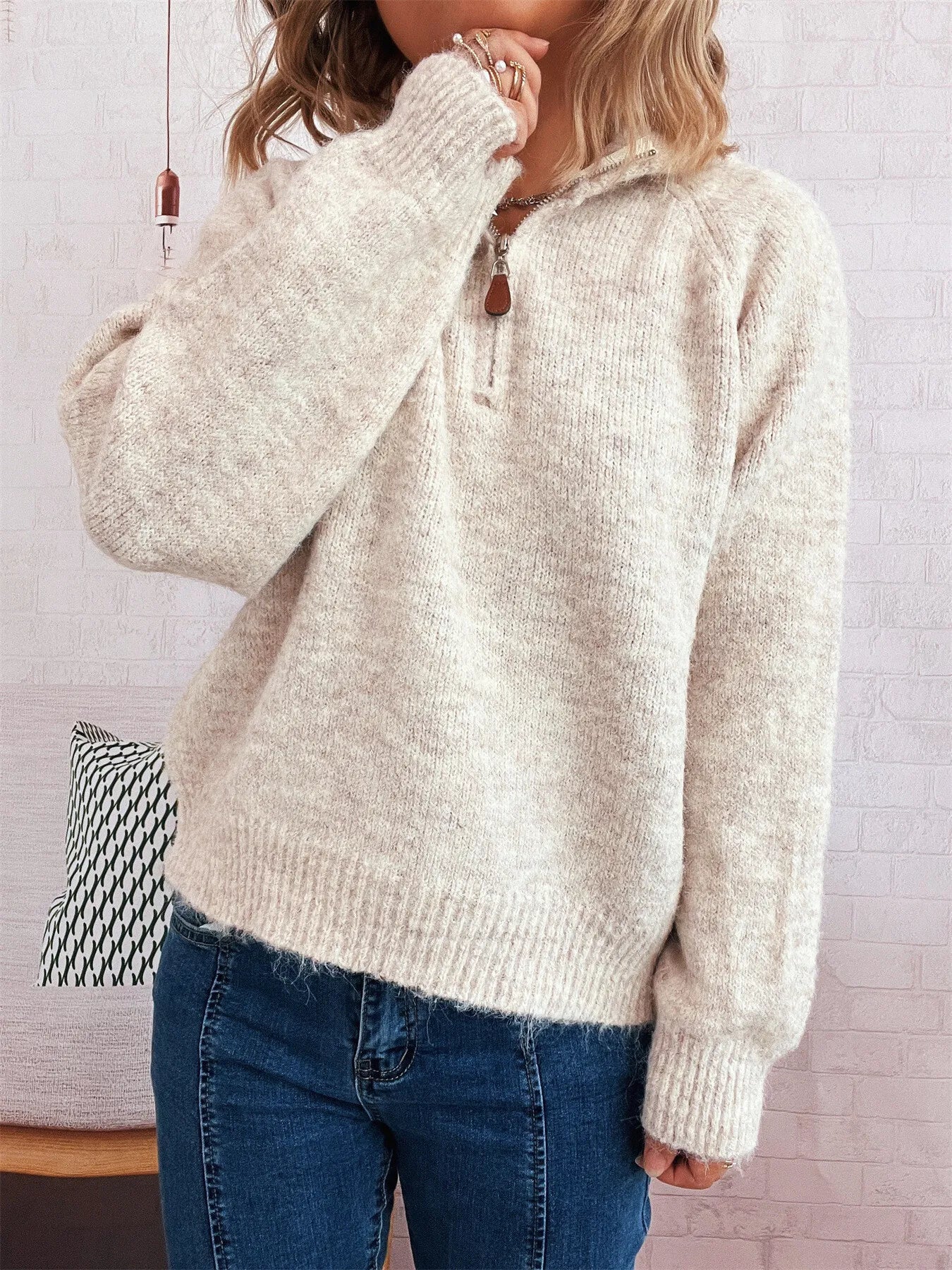 Quarter Zip Ribbed Hem Sweater