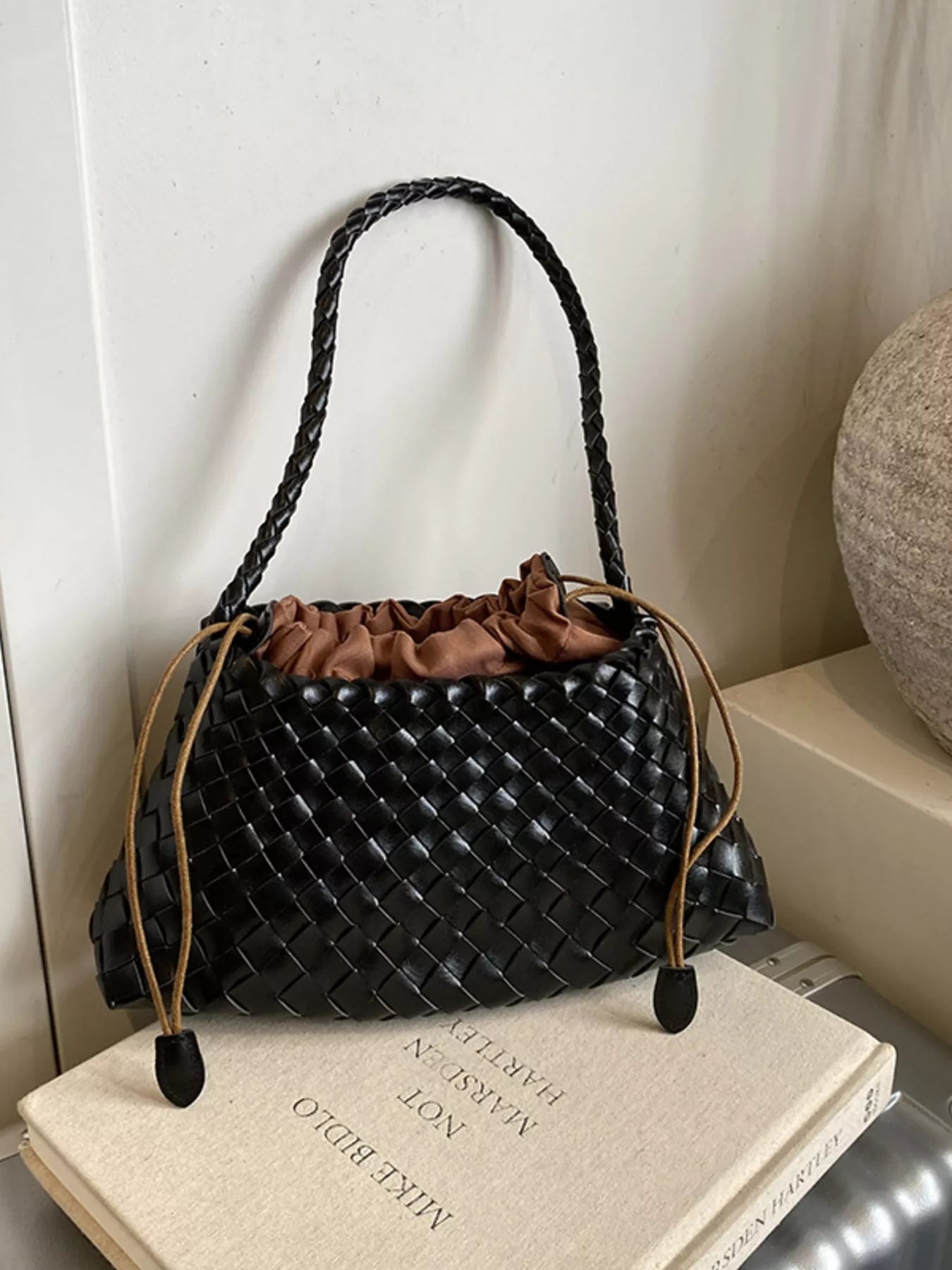 Drawstring Woven Shoulder Bag nicholesgifts