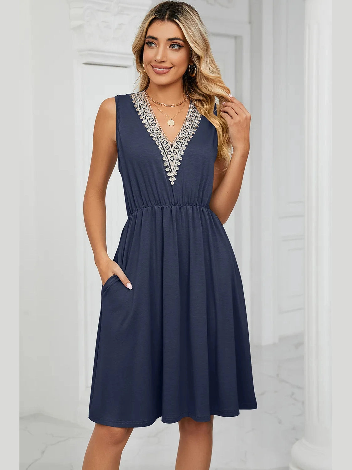 Pocketed V-Neck Wide Strap Dress nicholesgifts
