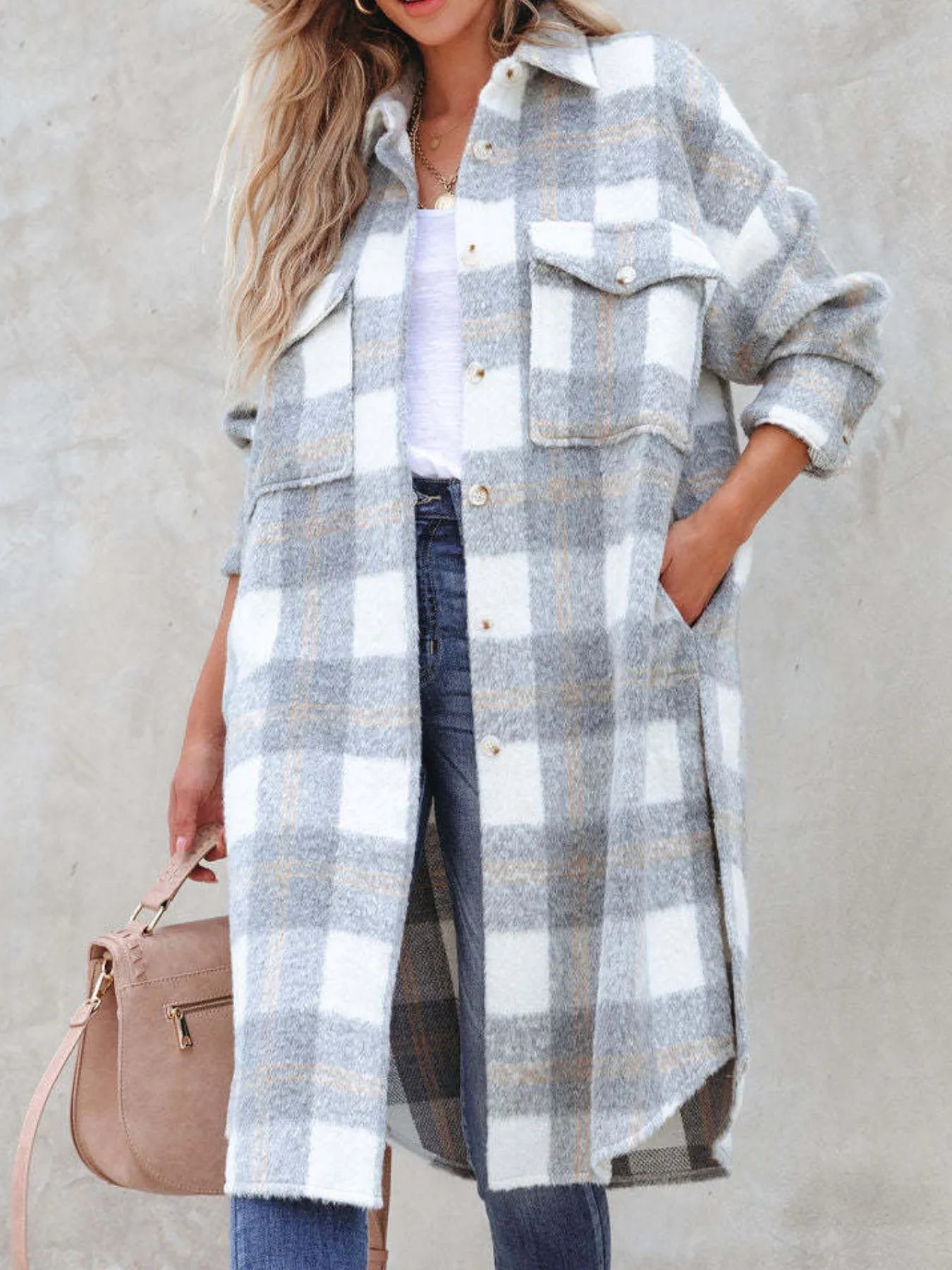 Oversized Plaid Button Up Longline Jacket Trendsi
