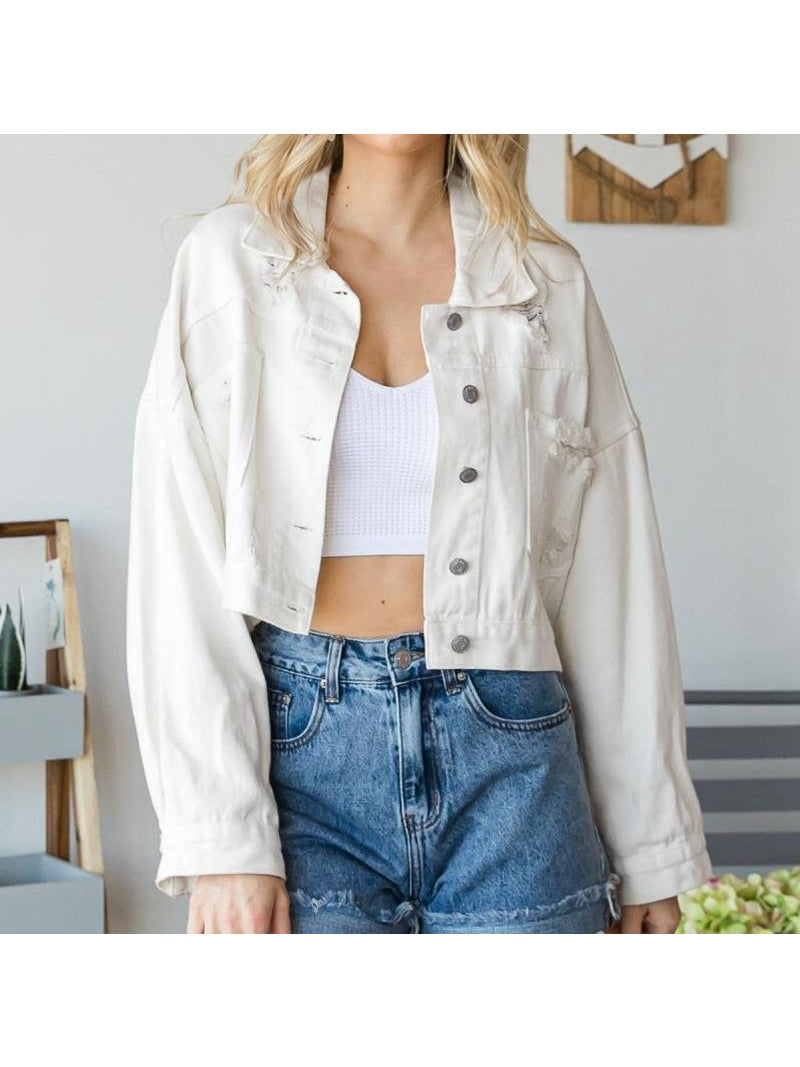 Cropped Collared Neck Dropped Shoulder Denim Jacket nicholesgifts