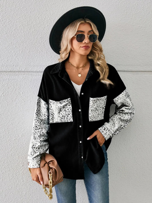 Leopard Button Up Denim Jacket nicholesgifts