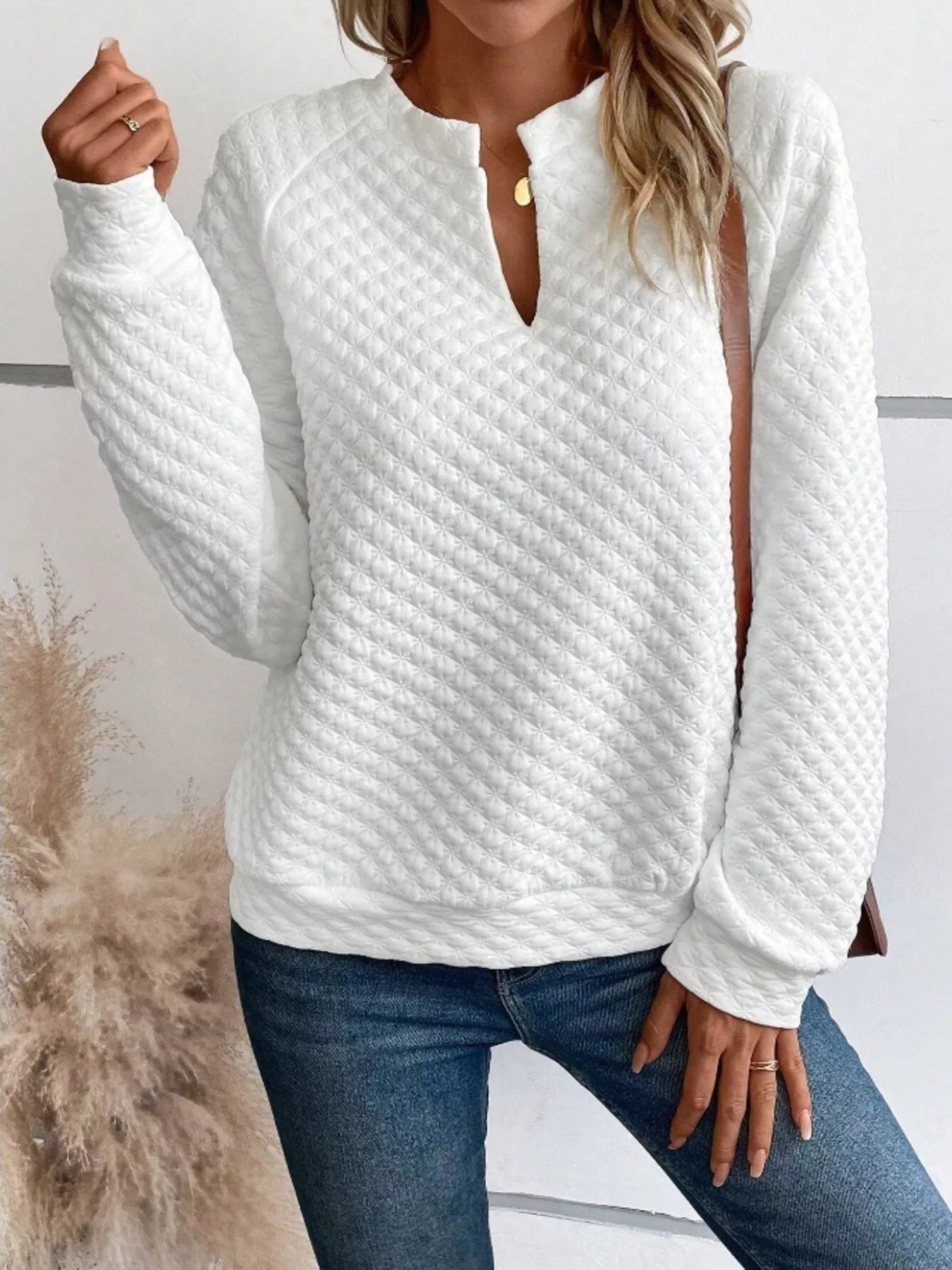 Notched Raglan Sleeve Sweatshirt Trendsi