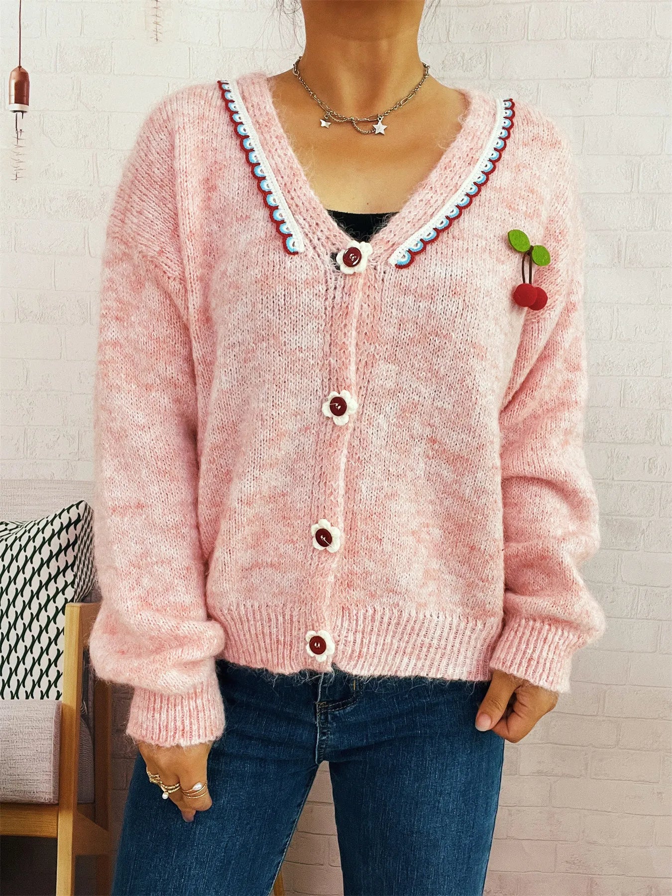 Cherry Button-Front Long Sleeve Cardigan