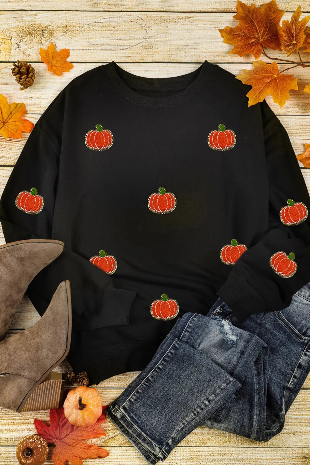 Pumpkin Round Neck Long Sleeve Sweatshirt NicholesGifts