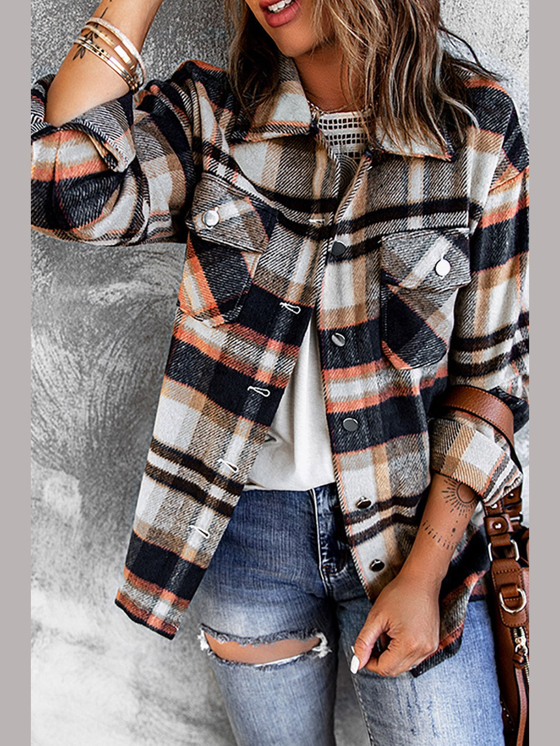 Plaid Button Front Shirt Jacket with Breast Pockets nicholesgifts
