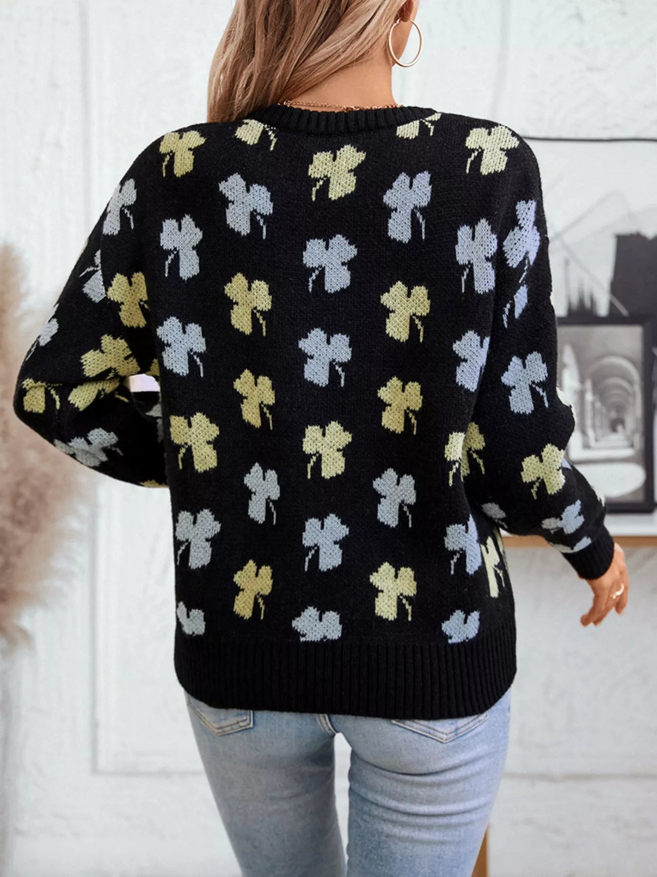Clover Round Neck Long Sleeve Sweater Trendsi