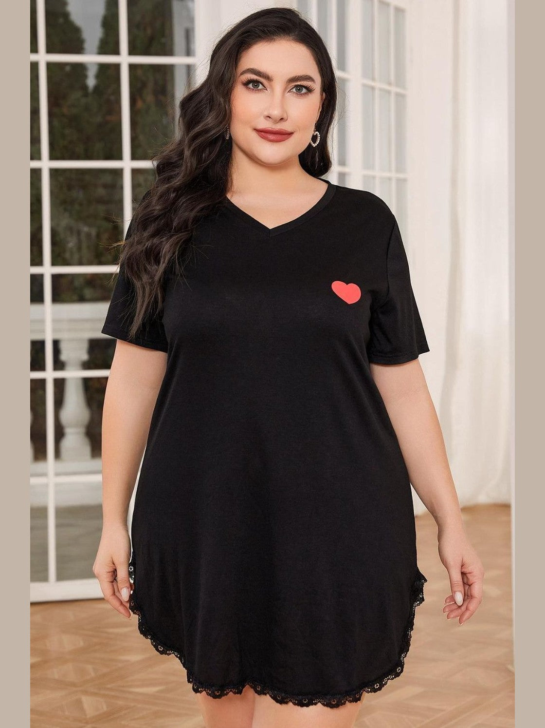 Plus Size Lace Trim V-Neck Short Sleeve Night Dress nicholesgifts