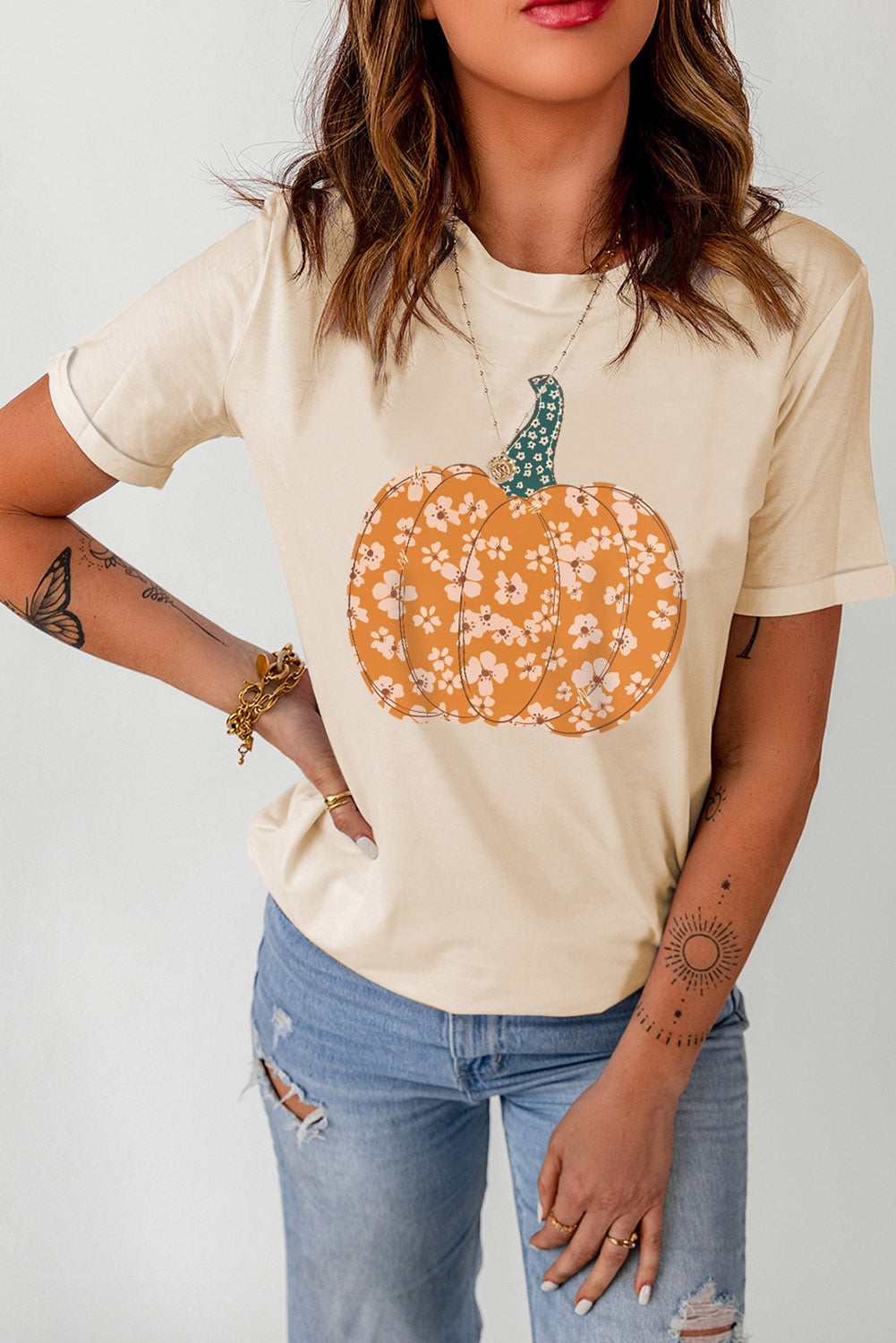 Pumpkin Graphic Round Neck Cuffed T-Shirt NicholesGifts