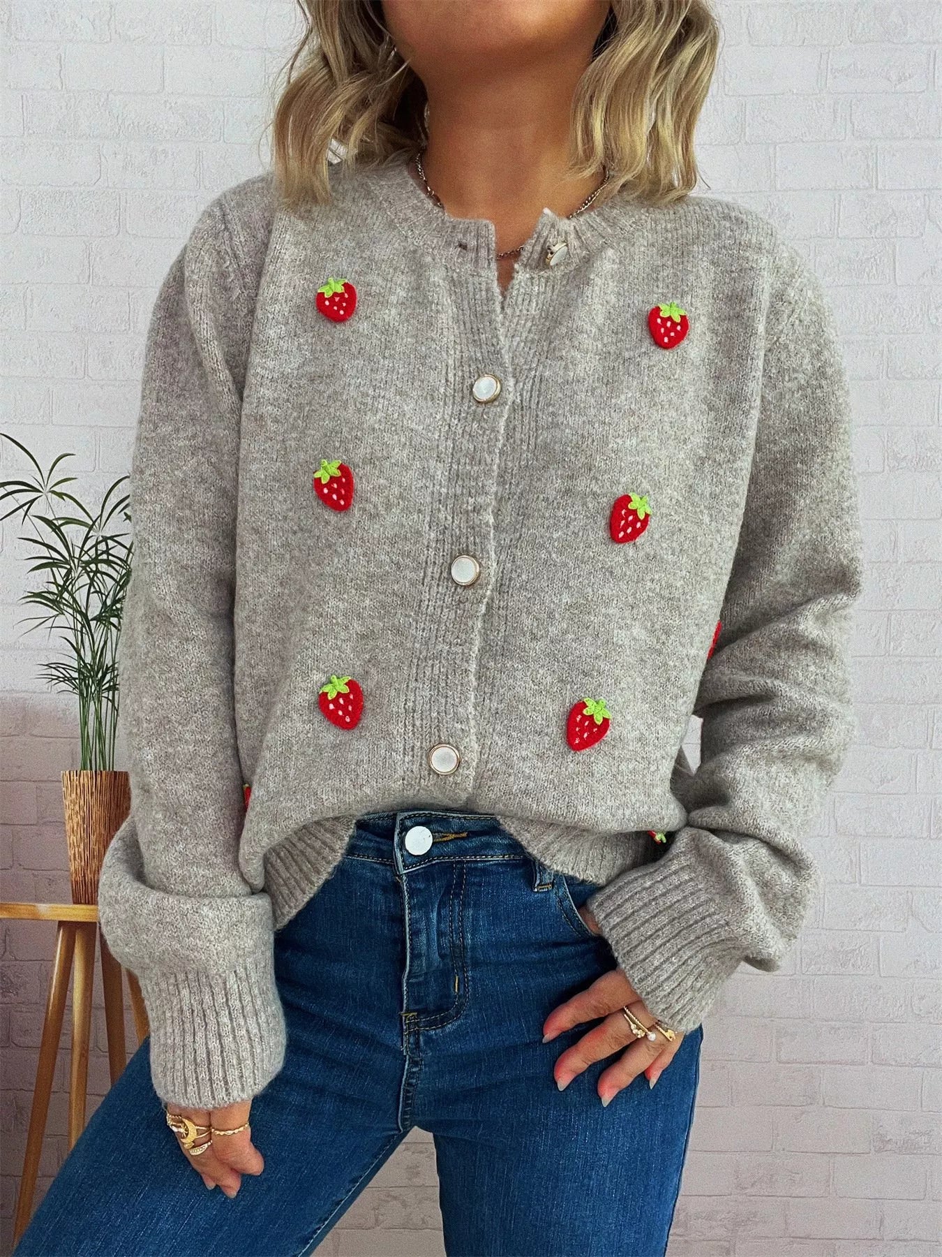 Strawberry Button Up Long Sleeve Cardigan Trendsi