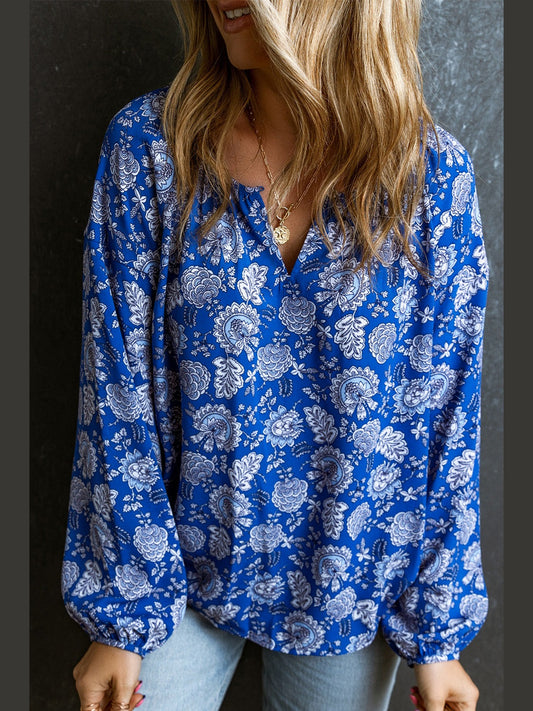Women Floral Notched Neck Balloon Sleeve Blouse