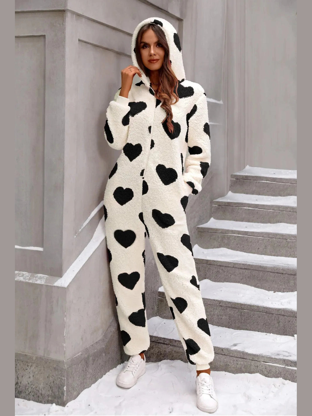 Fuzzy Heart Zip Up Hooded Lounge Jumpsuit nicholesgifts