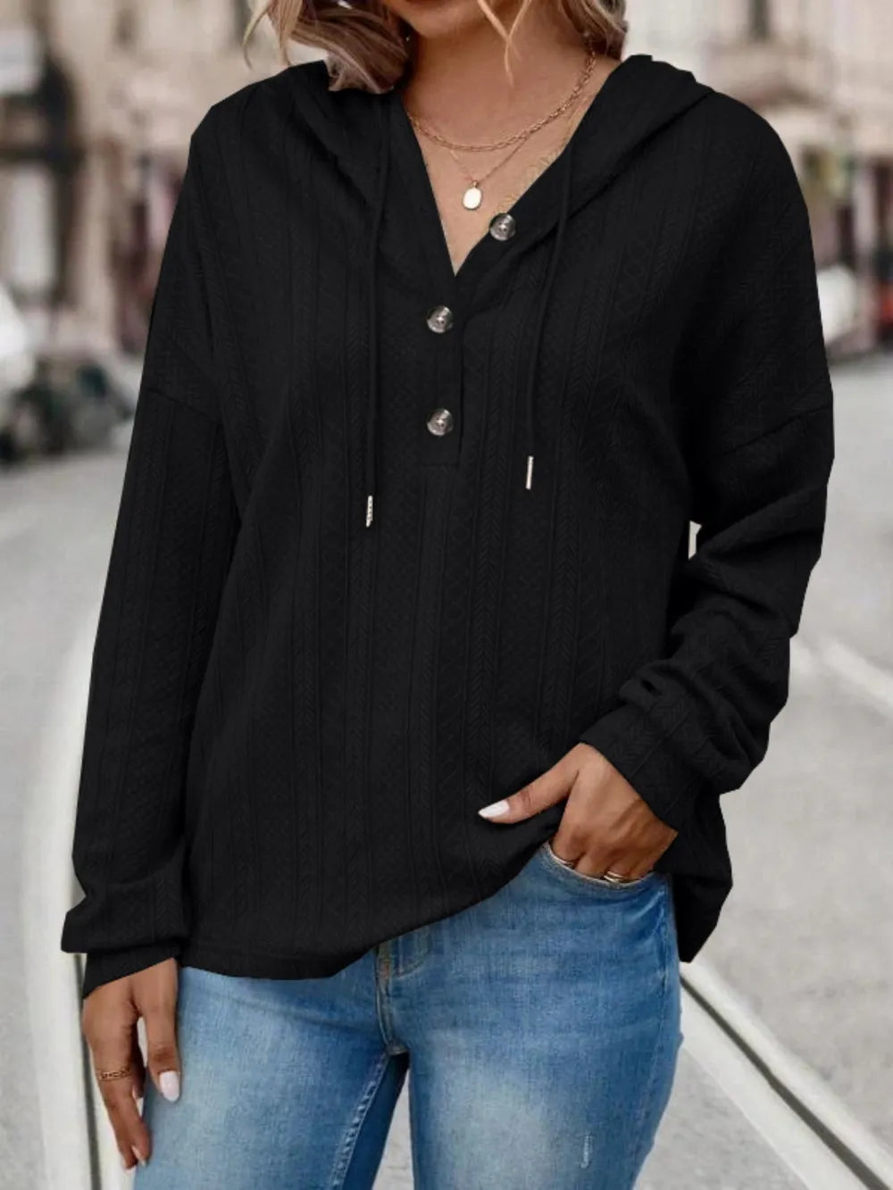 Drawstring Dropped Shoulder Long Sleeve Hoodie Trendsi