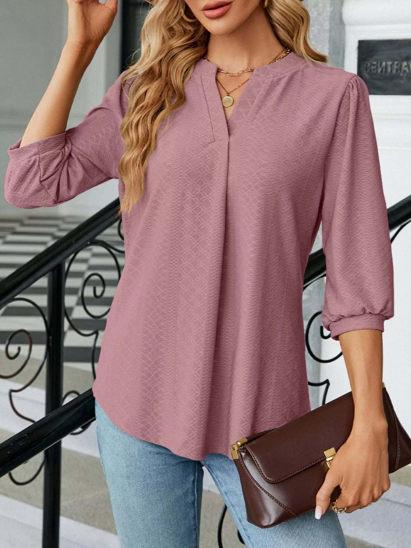 Notched 3/4 Sleeve Casual Top Trendsi