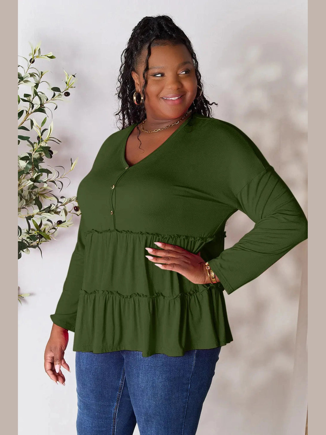 Double Take Half Button Long Sleeve Ruffle Hem Blouse nicholesgifts