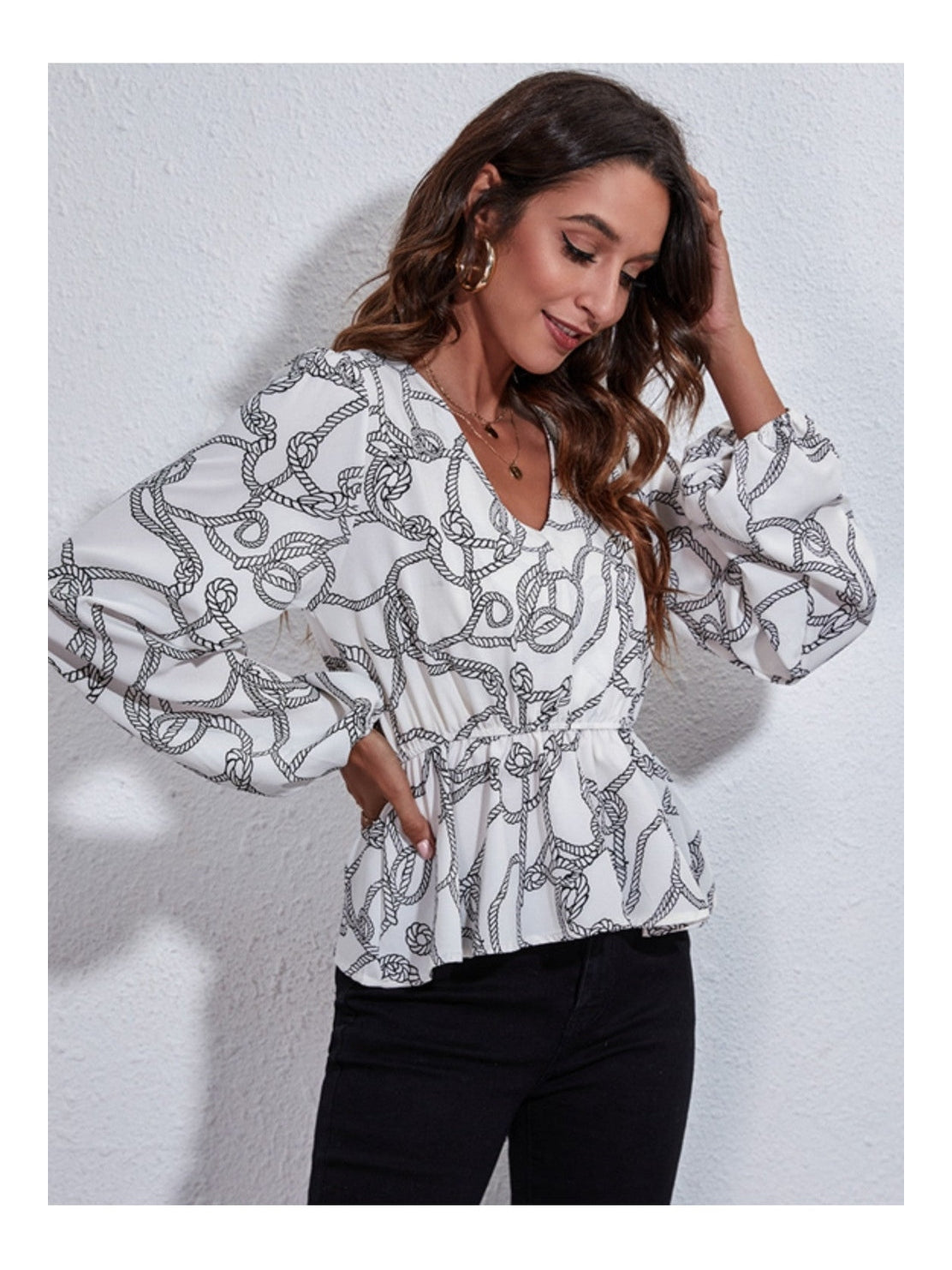 Women Printed V-Neck Balloon Sleeve Peplum Blouse nicholesgifts