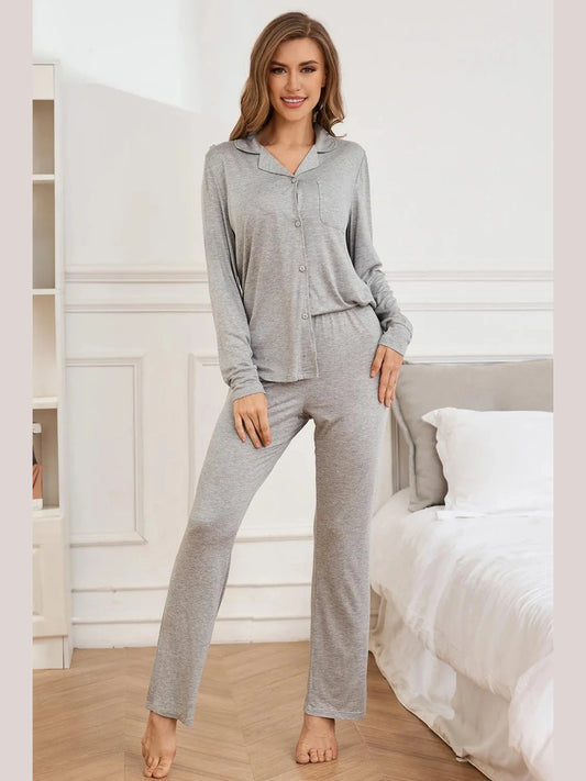 Button Up Long Sleeve Top and Pants Lounge Set nicholesgifts