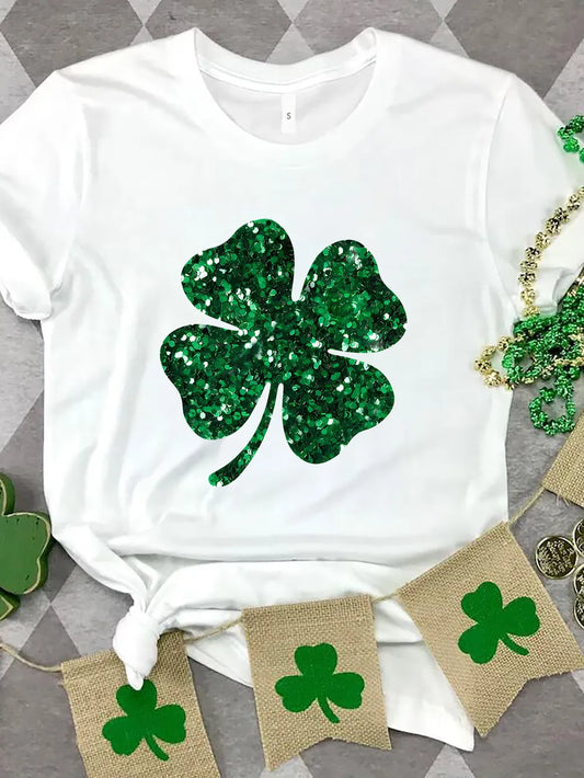 Lucky Clover Round Neck T-Shirt Trendsi