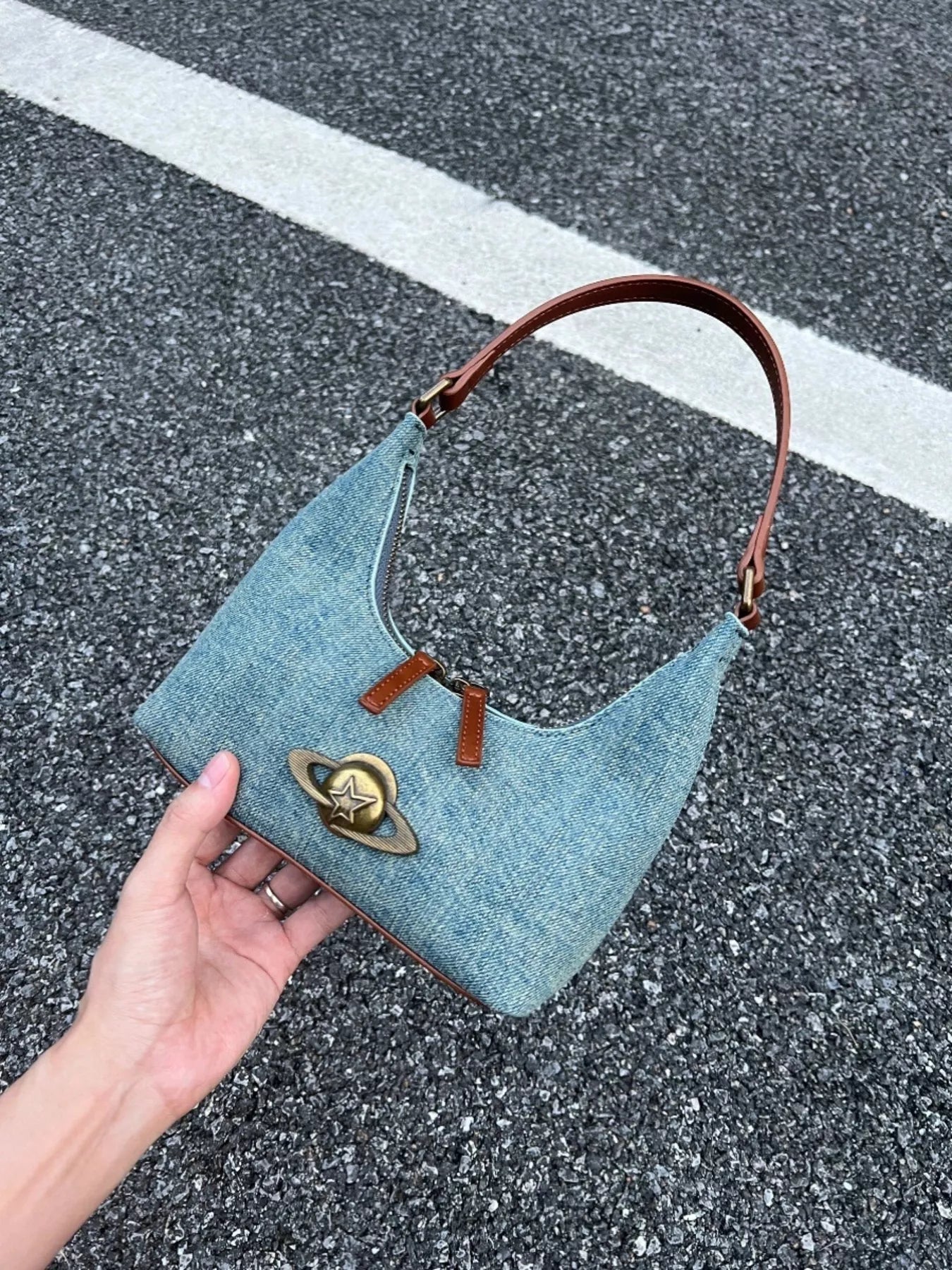 Denim Planet Decor Shoulder Bag nicholesgifts