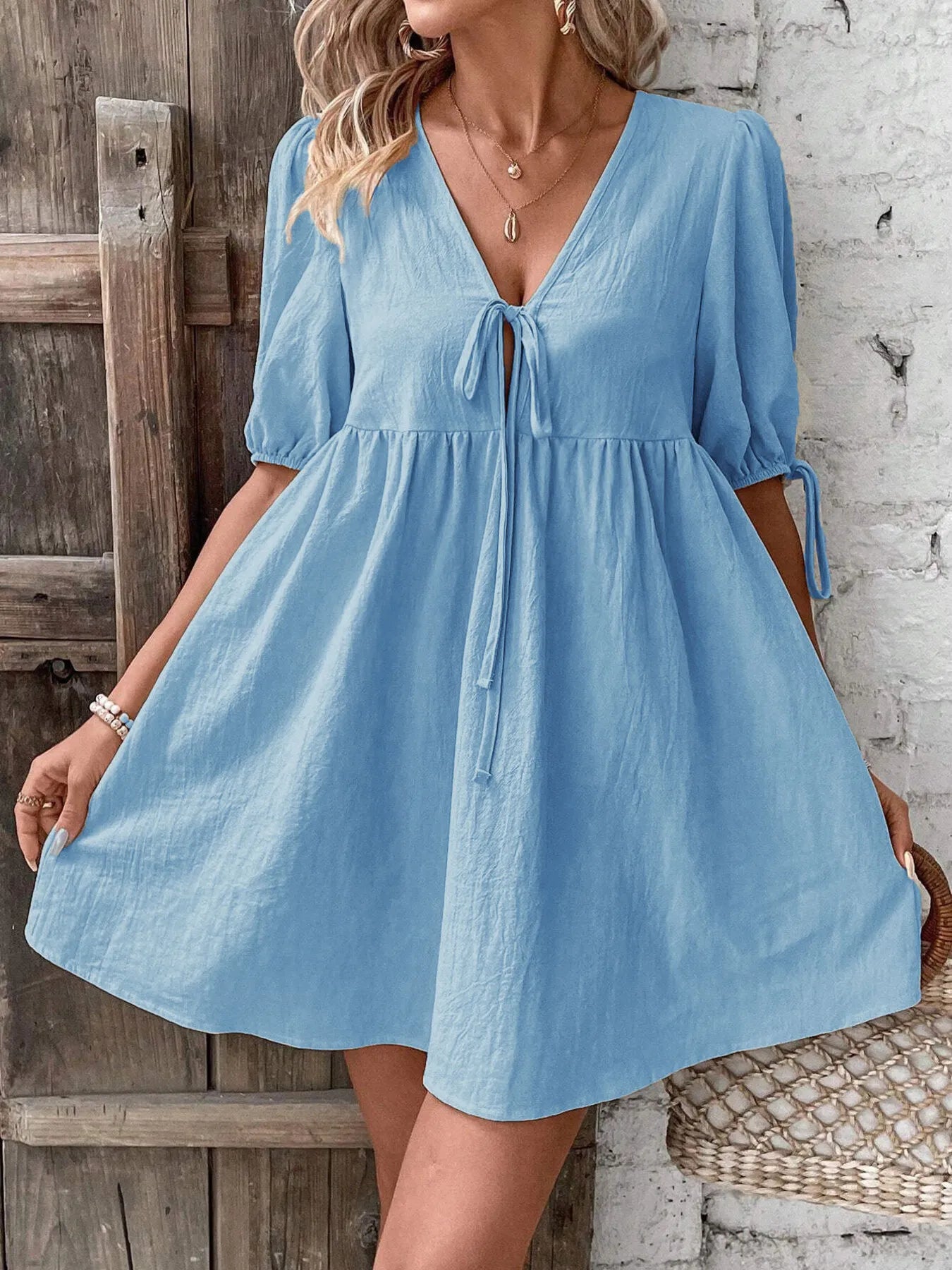 V-Neck Tie-Front Mini Dress with Puff Sleeves NicholesGifts