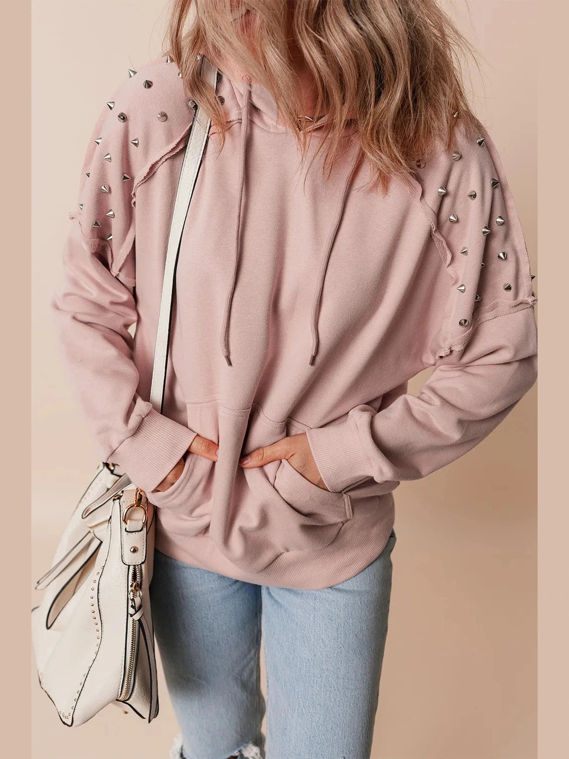 Rivet Drawstring Long Sleeve Hoodie Trendsi