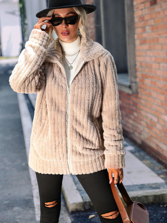 NicholesGifts Women Zip-Up Collared Ribbed Jacket NicholesGifts