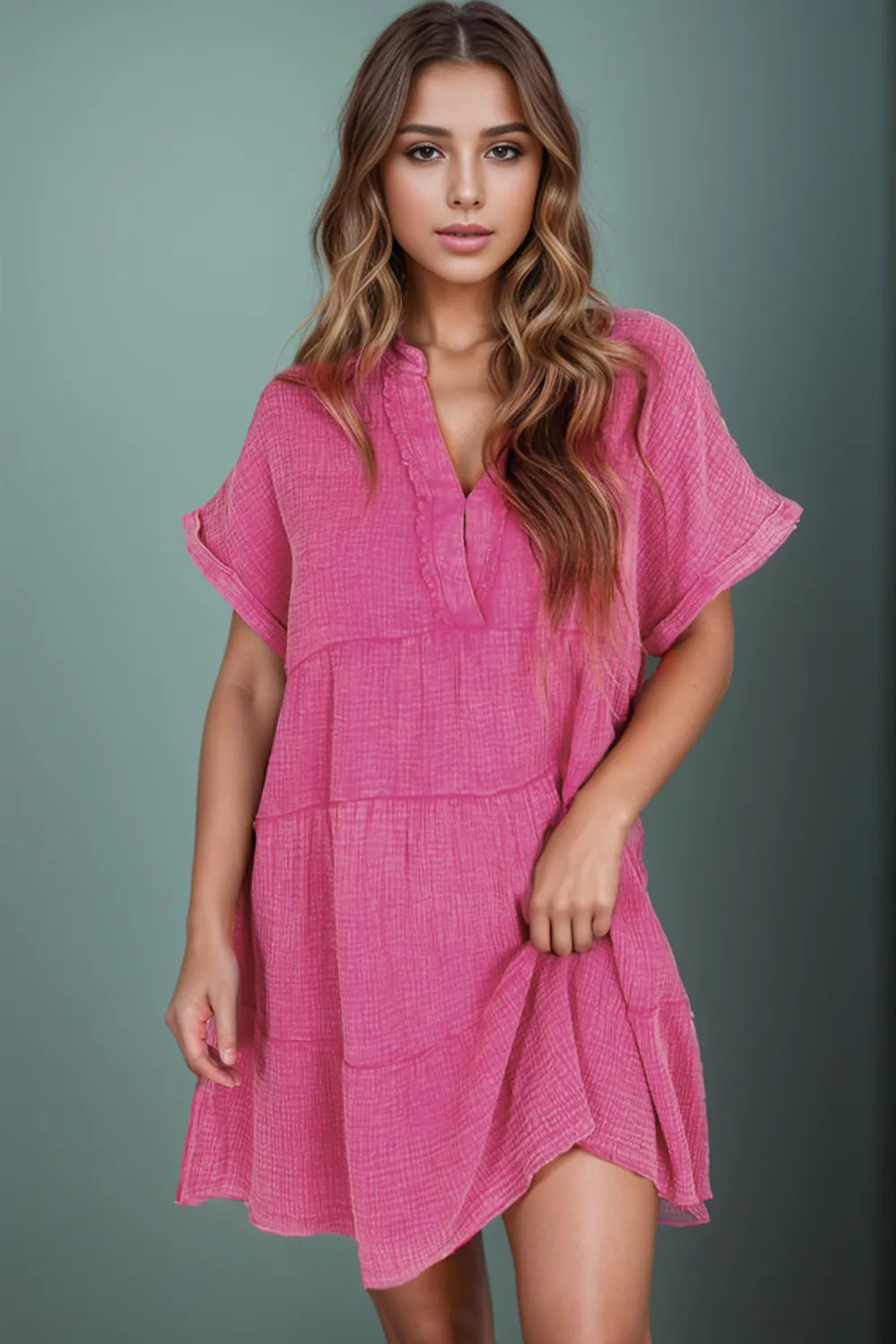 Tiered Notched Short Sleeve Dres Trendsi