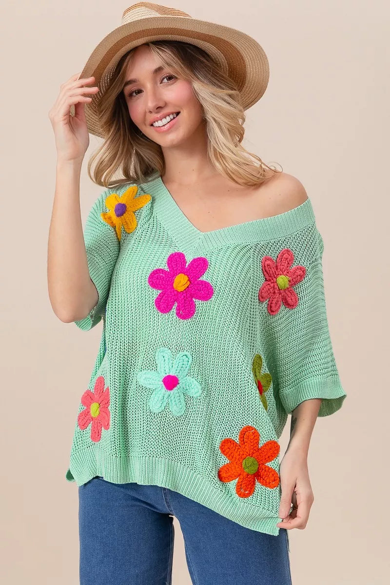BiBi Flower Patches Dolman Sleeve Lightweight Sweater