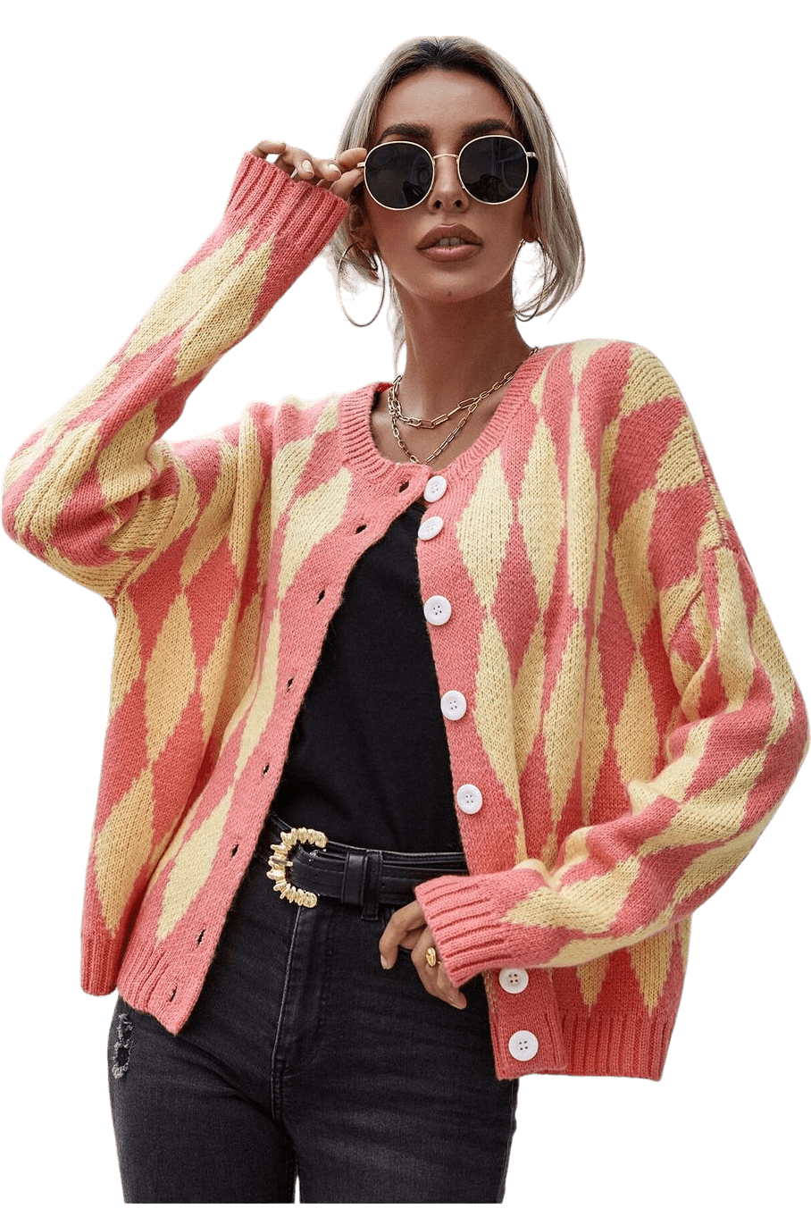 Women Argyle Button Front Drop Shoulder Cardigan - NicholesGifts