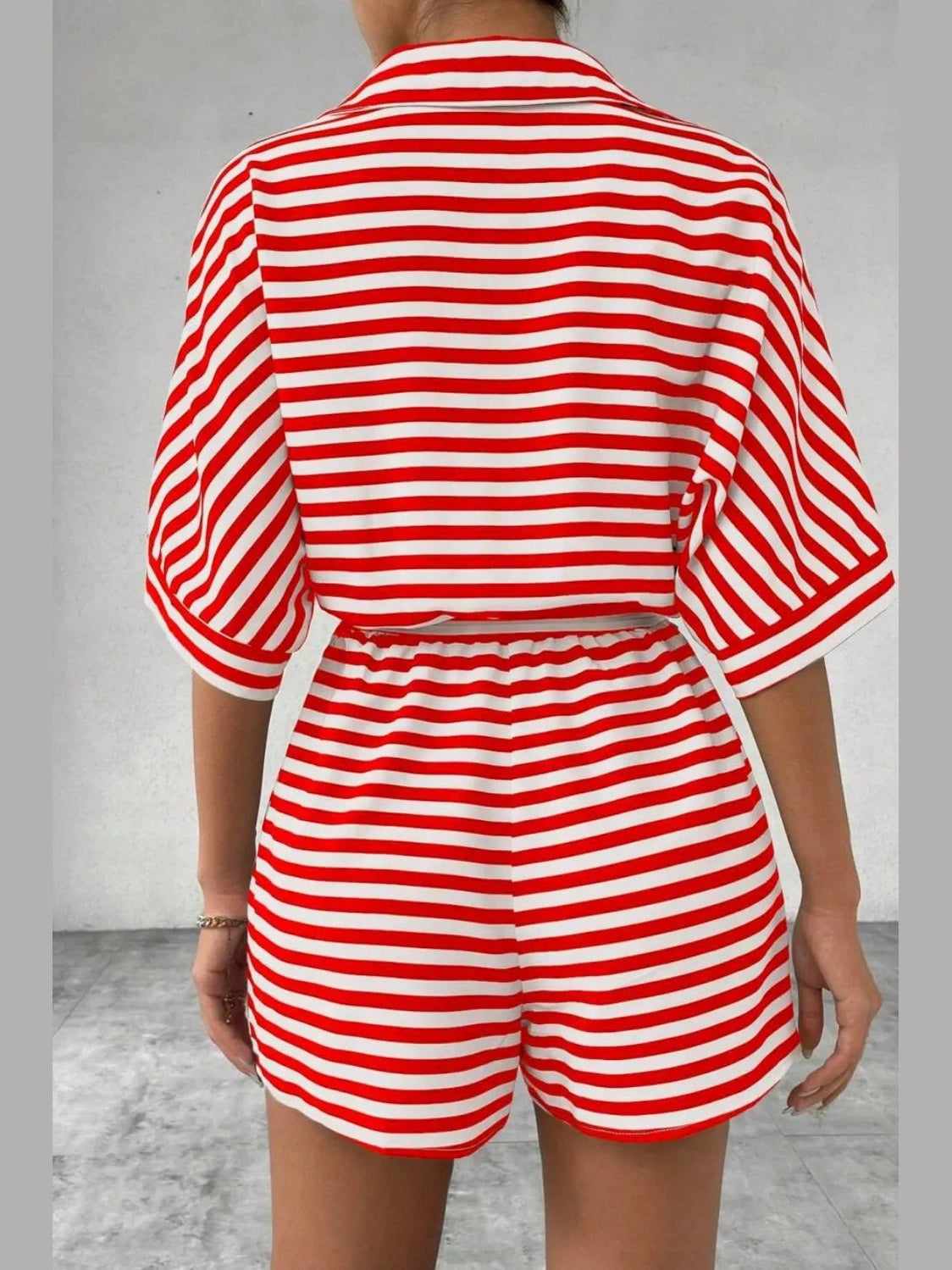 Striped Collared Neck Tie Waist Romper nicholesgifts