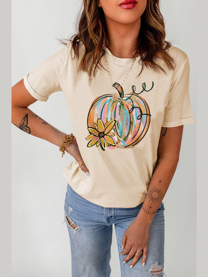 Pumpkin Graphic Round Neck T-Shirt nicholesgifts