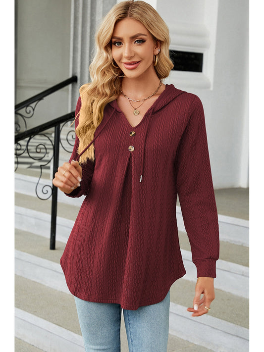 NicholesGifts Women Decorative Button Drawstring Long Sleeve Hoodie NicholesGifts
