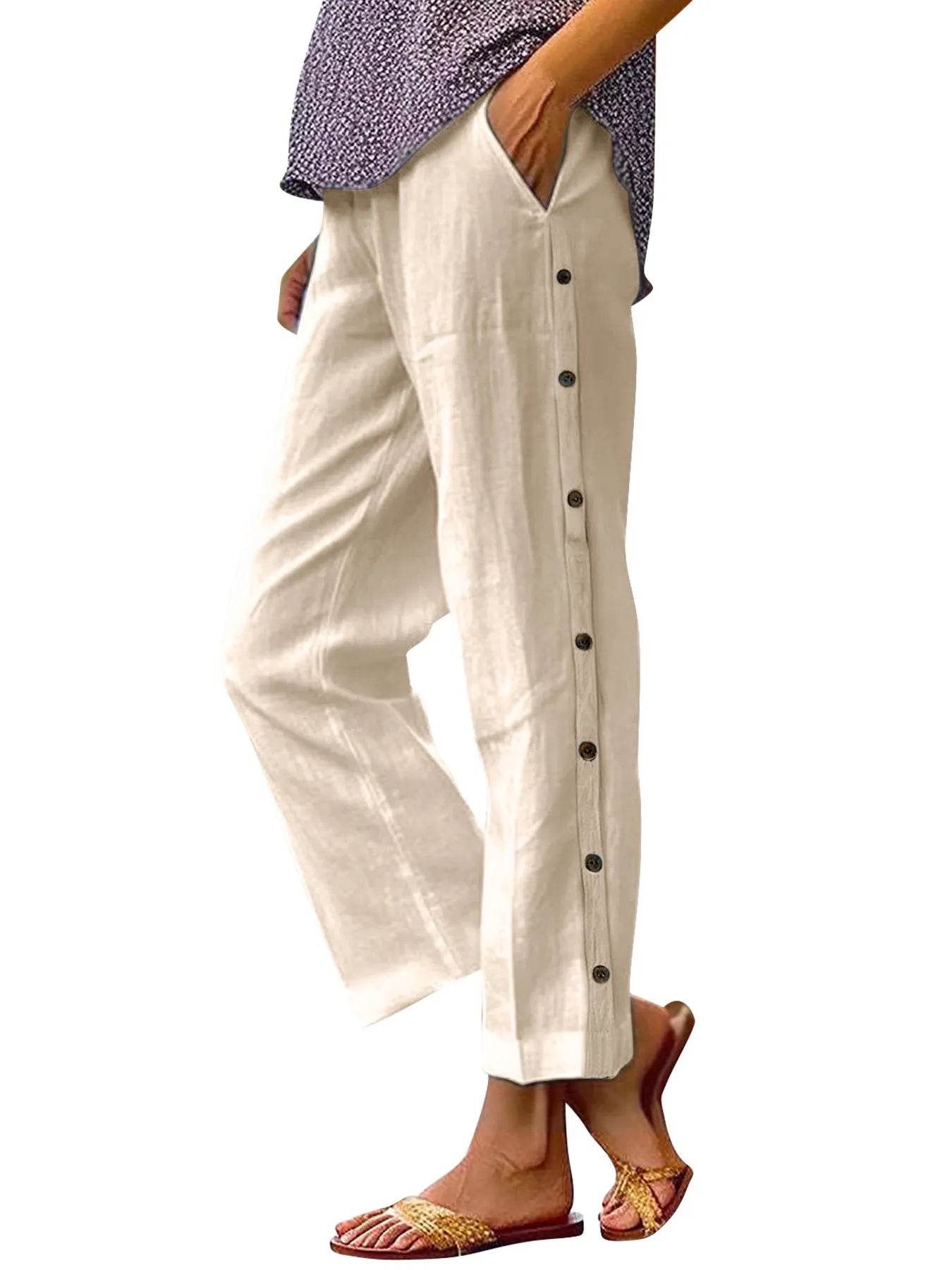 Women Full Size Side Decor Button Casual Wide Leg Pants Plus Size nicholesgifts