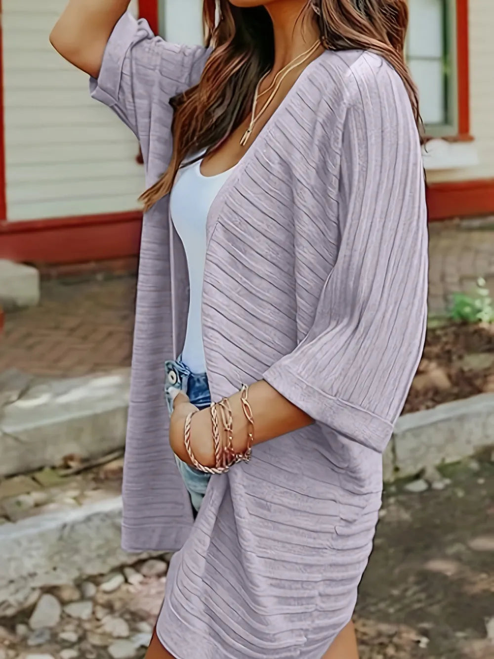 Striped Open Front Knit Cardigan nicholesgifts
