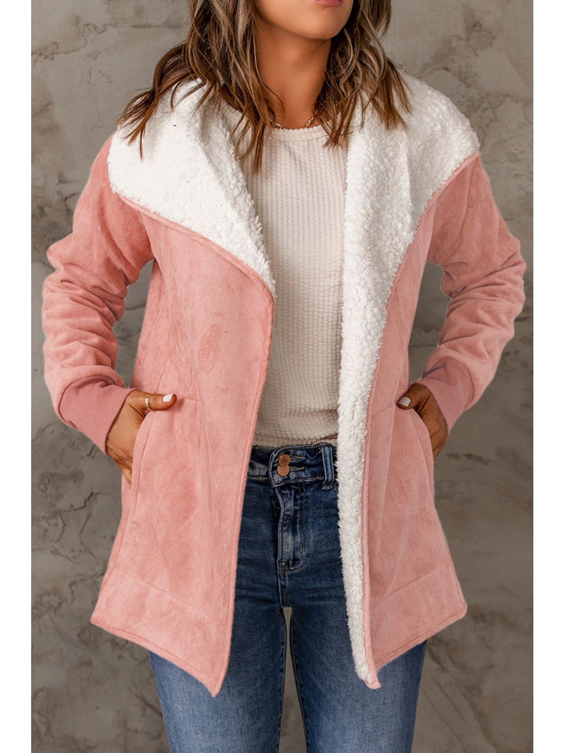 Open Front Long Sleeve Sherpa Jacket with Pockets nicholesgifts