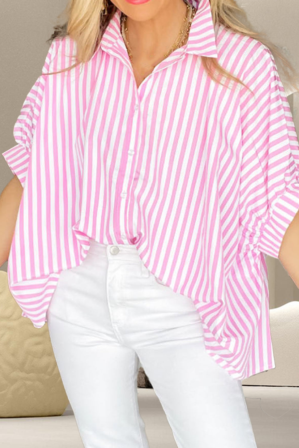 Striped Collared Neck Half Sleeve Shirt nicholesgifts