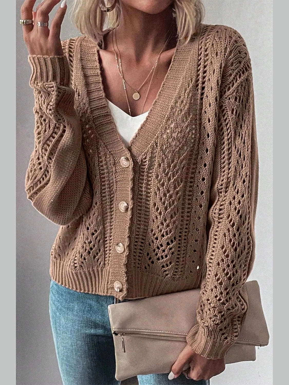 Openwork Button Up Long Sleeve Cardigan NicholesGifts