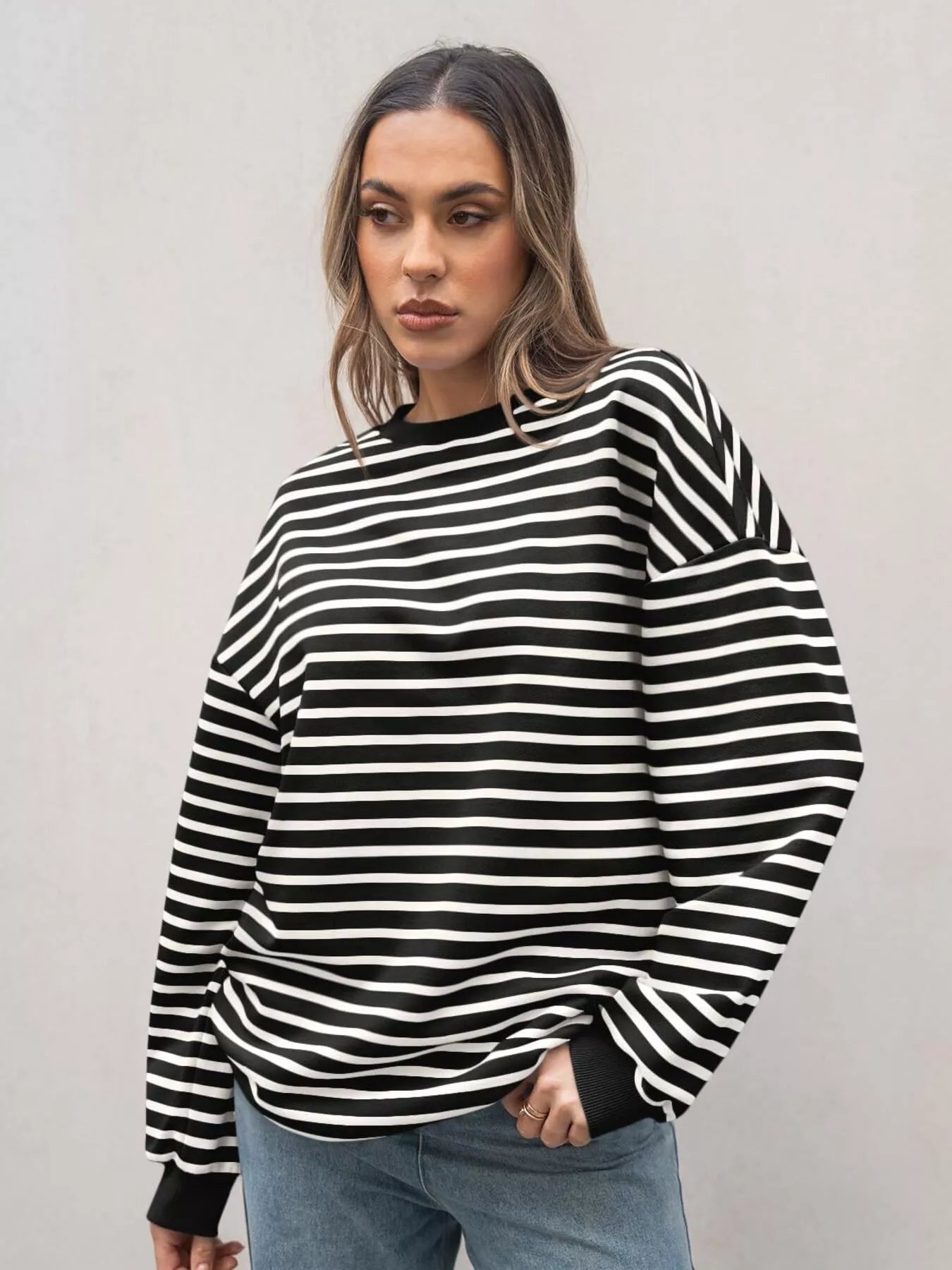 Striped Round Neck Oversized Casual Sweatshirt Trendsi