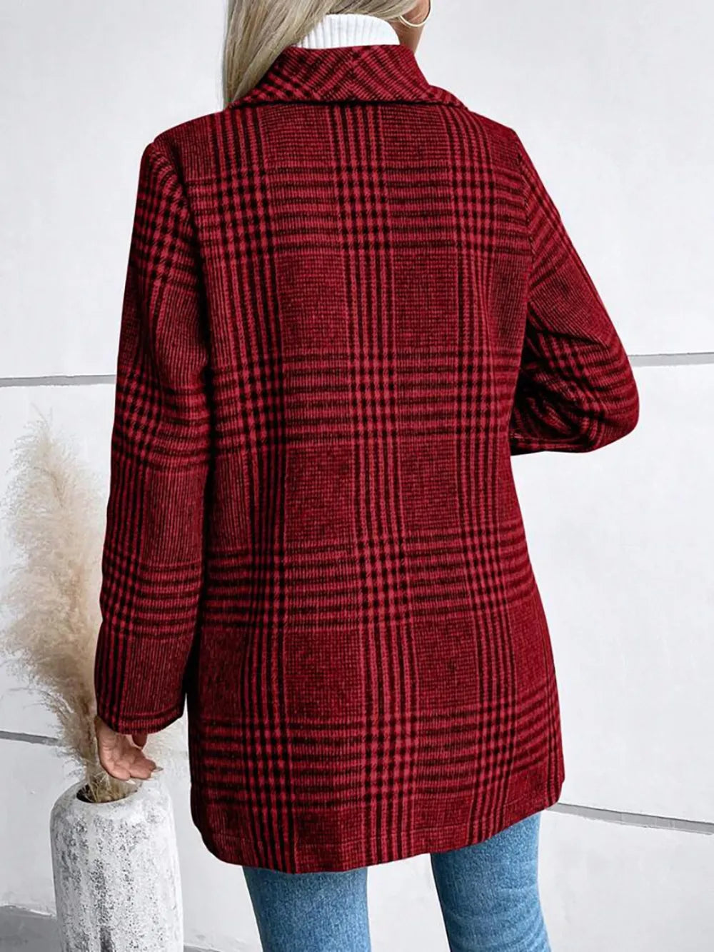 Plaid Collared Neck Long Sleeve Jacket nicholesgifts