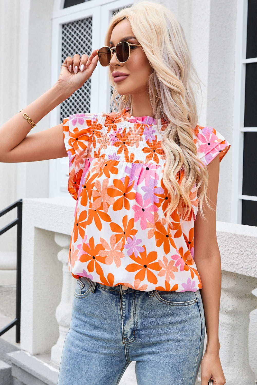 Printed Round Neck Cap Sleeve Blouse nicholesgifts