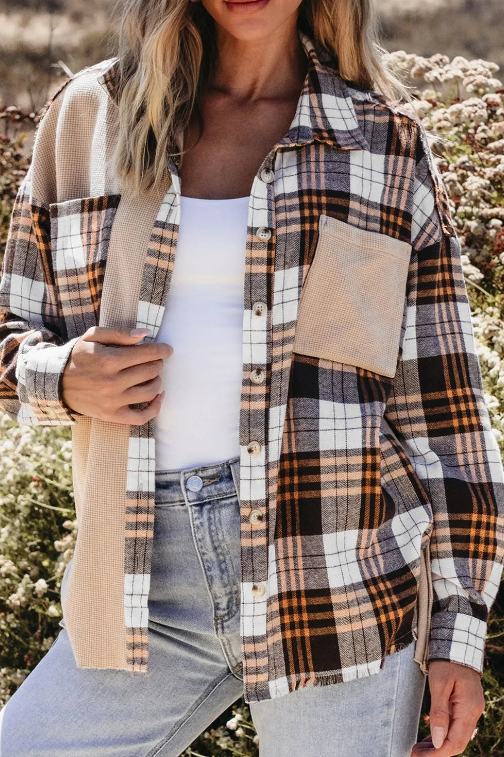 Plaid Button Up Long Sleeve Shacket Trendsi