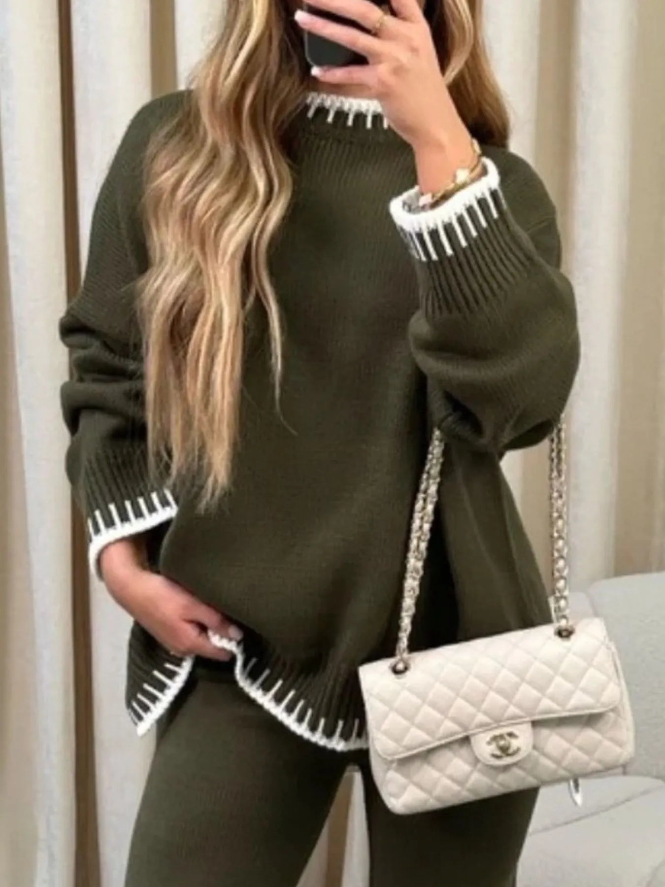 Contrast Trim Round Neck Top and Pants Sweater Set NicholesGifts